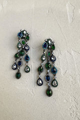 boucles d'oreilles cocktail longues strass vert et bleu soirée